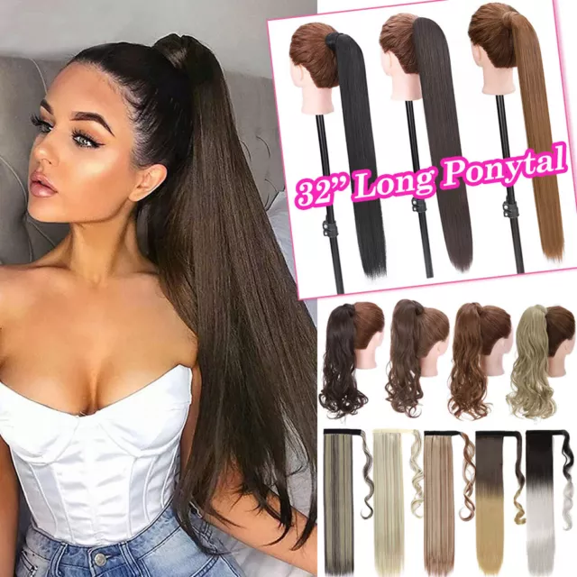 Real Thick Ponytail Clip In as Human Hair Extensions Wrap On Pony Tail Long 32"