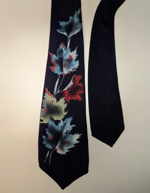 Vintage 1940s 1950s Hand Painted Blue  Necktie Tie Autumn Leaves Beautiful