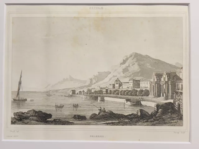 Grabado en acero anticuario de 1850, Italia, Sicilia, Palermo, impresión...