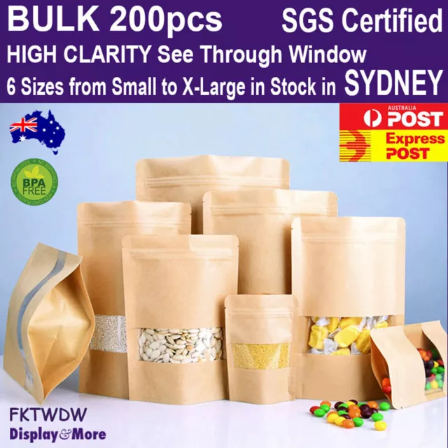 Food Bag KRAFT Paper Pouch | 200pcs | STAND UP Packaging | w/ Window | OZ Seller