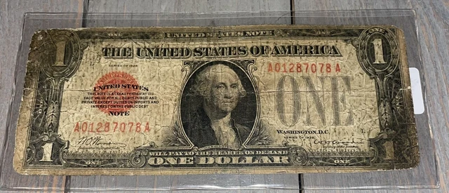 1928 $1 One Dollar Legal Tender Red Seal United States Note, Funnyback, N044