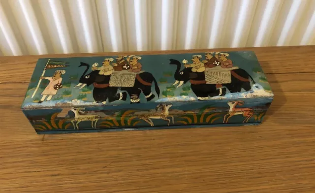 Vintage Indian Persian Hand Painted Wooden Lacquer Box People Elephants Ethnic