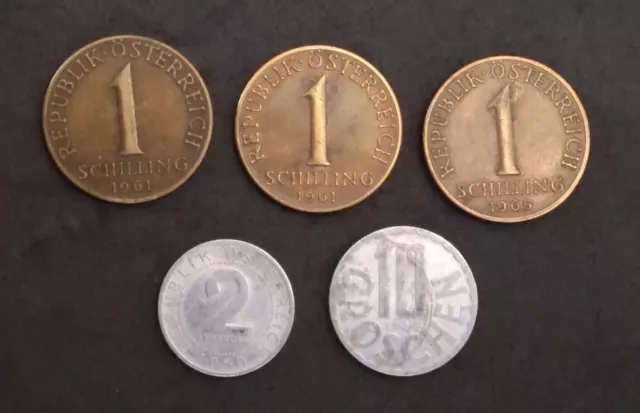 AUSTRIA 5 Coins - 3 1960s 1 Shilling Coin - 1950 2 Groschen - 1957 10 Groschen