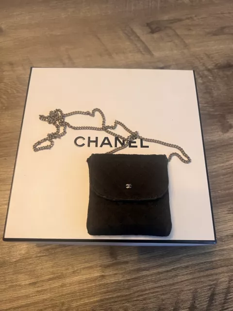 Authentic Chanel RARE Black 1990s Vintage Quilted Satin Micro Flap Bag  Necklace