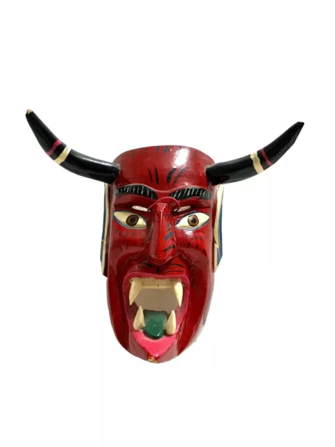 Vintage Devil Mask Wood Carved Painted Diablo Mexican Festival Carnival Satan