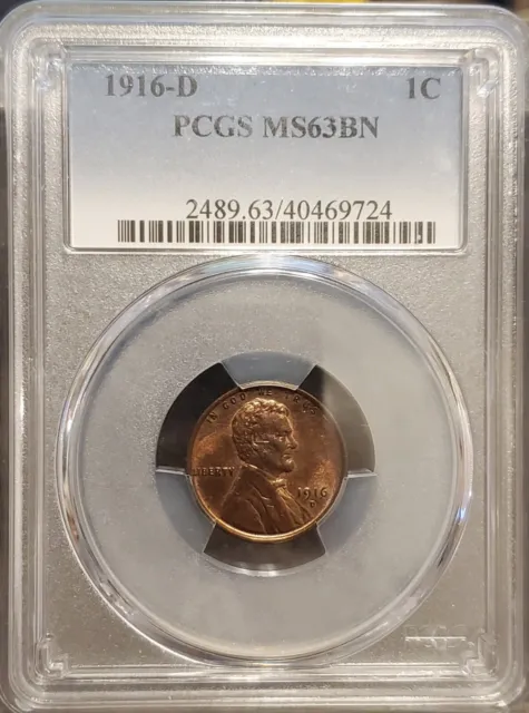 1916 D  Lincoln Head Cent  PCGS  MS63 BN   Some Red  Nice Early Wheat