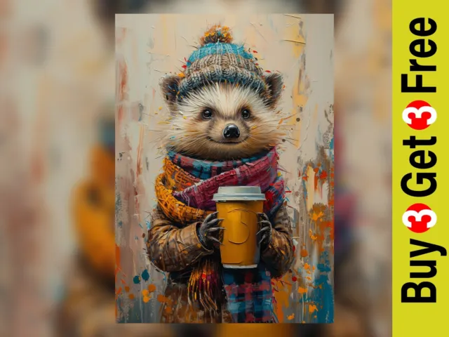 Hedgehog Winter Oil Art Print 5"x7" Matte Paper Cute Animal Wall Decor