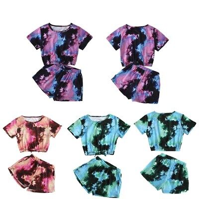 Kids Girls Tie-Dye Print Clothes Outfit Crop Top+Shorts Set Summer Casual Wear