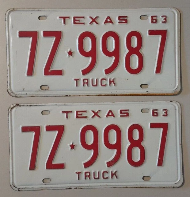 🐾 1963 TEXAS "Truck" Replacement License Plate Pair (7Z9987) Unused