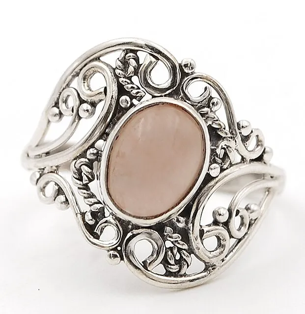 Natural Rose Quartz 925 Solid Sterling Silver Ring Jewelry Sz 9 K15-3