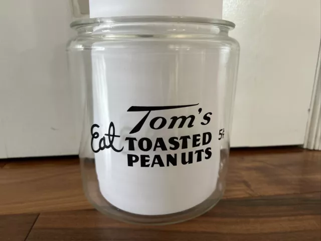 1950’s Eat Tom's Toasted Peanuts 5cent Small Glass jar clear glass Without Lid