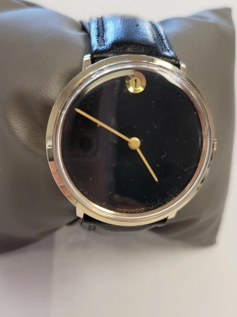 Movado Museum Unisex 14K Solid Yellow Gold Black Dial Swiss Watch Leather Band