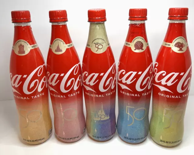 5 Walt Disney World Coca Cola Commemorative 50th Anniversary Bottles - Empty