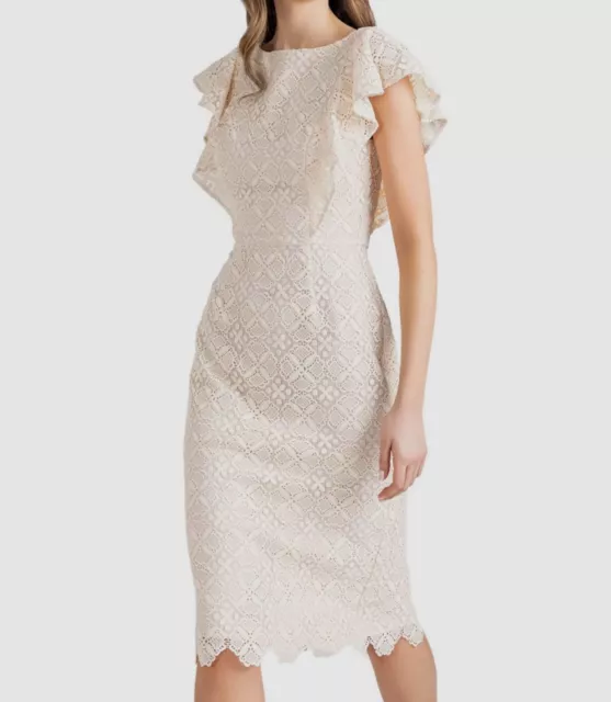 $440 Shoshanna Womens Ivory Flutter-Sleeve Lace Cooper Midi Bodycon Dress Size 4