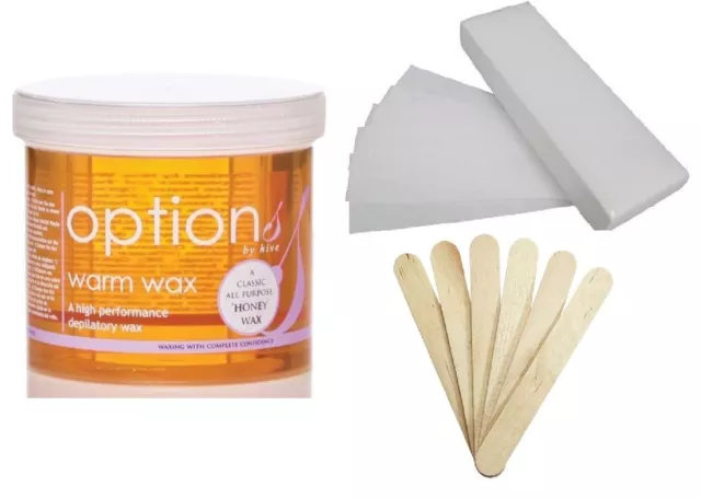 THE HIVE WARM HONEY WAX 425g  + 100 WAXING STRIPS + 25 SPATULAS kit paper