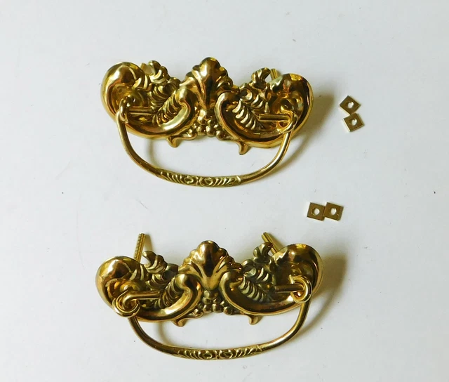 2 Vintage Stamped Ornate Brass Drawer Bail Handles Pull Victorian 4 1/8" H5B