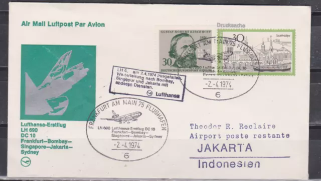 Lufthansa Erstflug Frankfurt - Jakarta LH 690 am 2.4.1974 Ausfallstempel