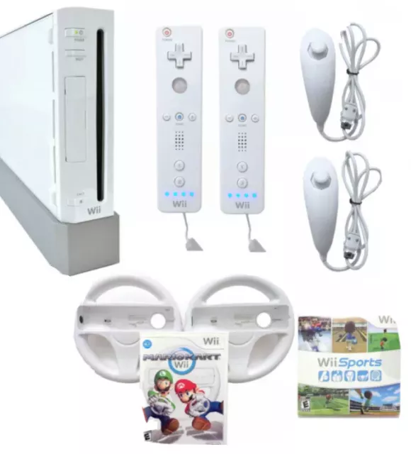 Nintendo Wii Sports Mario Kart Console System Bundle 2 Controllers Games Wheels