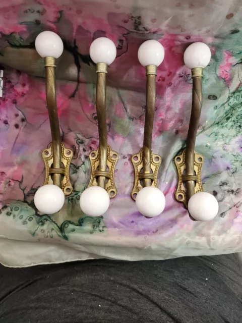 Lot of 4 Victorian Brass and Porcelain Double Coat Hat Hooks Reclaimed Salvage