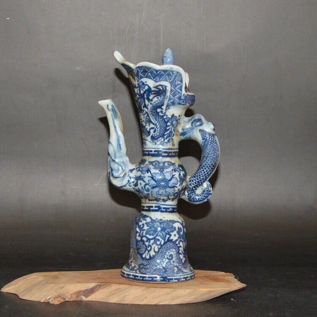 Chinese Blue and White Porcelain Dragon Flower Pattern Flagon Wine Pot 8.3 inch