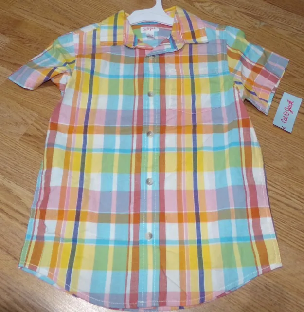 Cat & Jack NWT Boy's Size M 8-10 Orange Plaid Short Sleeve Button Up Shirt