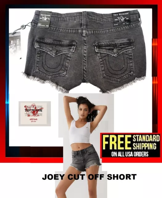 True Religion Womens Joey Cut Off Jean Shorts Distressed MOON LIGHT BLACK Denim