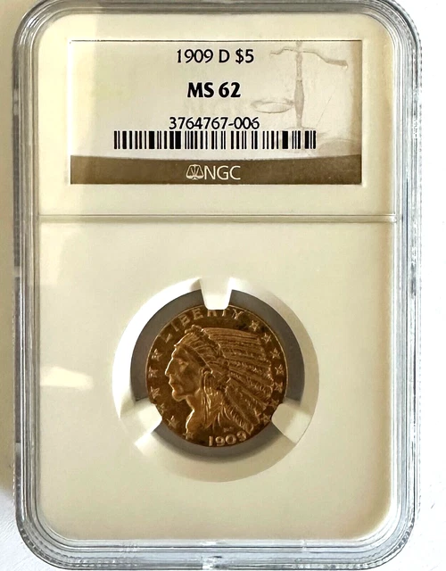 1909-D NGC MS62 $5 Dollar Indian Head Gold Coin 3764767-006
