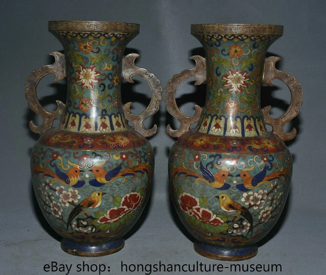13.2" Qianlong Marked Chinese Cloisonne Bronze Flower Birds Bottle Vase Pair