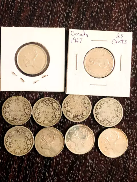Ten silver Canadian quarters 1902-1968
