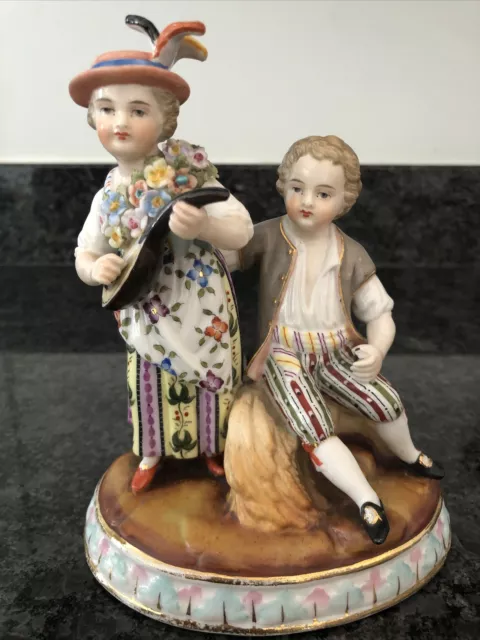 German Sitzendorf Porcelain Figurine, Girl & Boy. Vintage Hand Painted