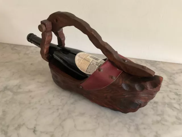 Vintage French Hand Carved Clog Shape Wood & Leather Wine Bottle Holder Pourer