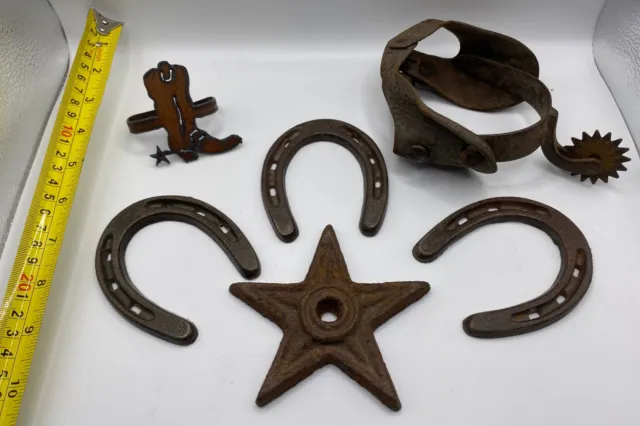 Vintage 6 pc Cast Iron Western Americana Decor Horse Shoes, Spur, and Star