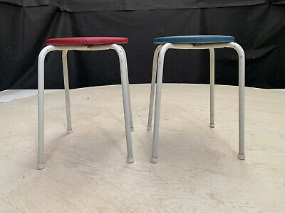 EB2357 Two White Steel Stools with Red & Blue Circular Seats Vintage Stackable 4