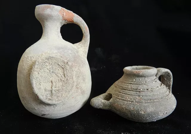 Biblical Ancient Holy Land Roman Clay Pottery Pitcher Jug & Oil Lamp Terracotta