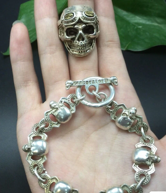 2023 Fashionable Miao Silver Noble Skull Bracelet + Skull Ring