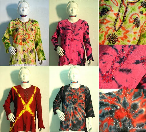 One Hand Embroidered, Tie-Dye Cotton Women Kurti Top Tunic 2