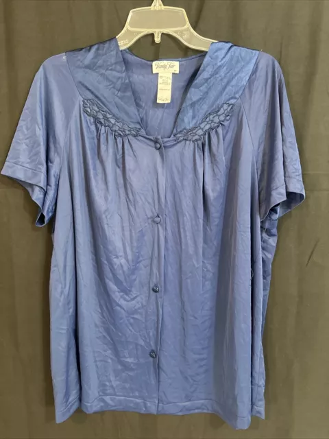 VTG Vanity Fair Blue Nylon Pajama Top Full Button Semi-Sheer Size 1X PRE-OWNED