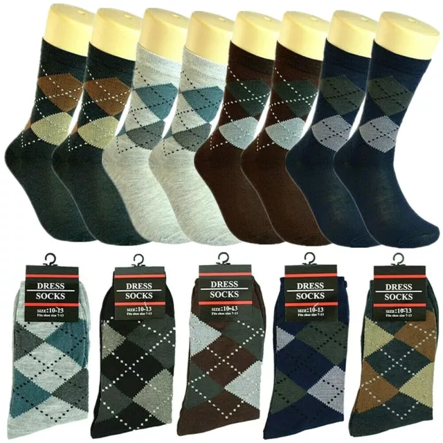 3-12 Pairs Mens Multi-Color Argyle Diamond Cotton Casual Dress Socks Size 10-13