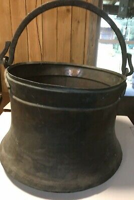 Antique 1800's Dovetail Primitive Copper Brass Kettle Cauldron Large with Handle