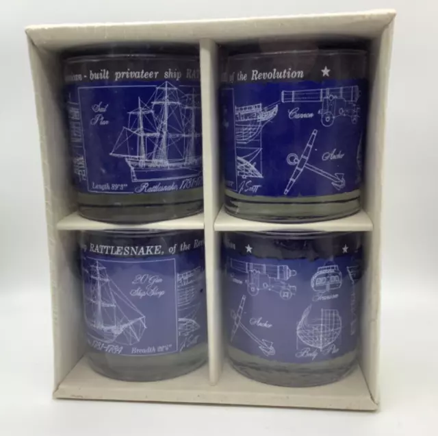 Libbey Tavern Shoppe Rocks Glasses Privateer Battleship Blue, Original Box