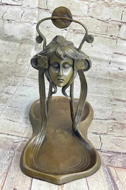 Art Nouveau Cast Bronze Vintage Sunshine & Lady Jewelry Tray Figurine Gift Art