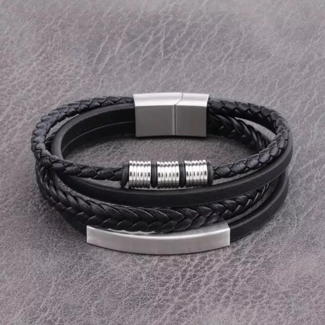 Mens Black Leather Bracelet Wristband Stainless Steel Clasp Jewellery 2