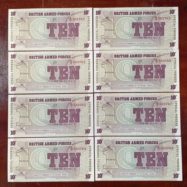 8x British Armed Forces 10 Pence Banknotes - Consecutive Numbers, UNC 6th Series