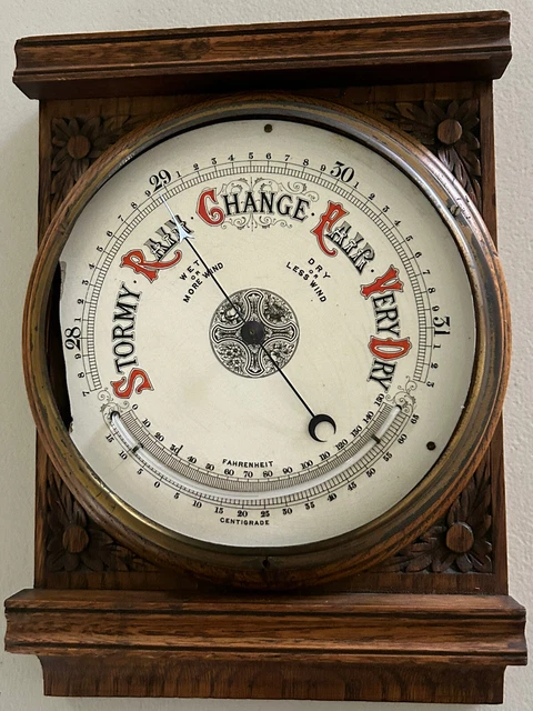 Gorgeous Antique Barometer 9.5” X 13” Very Heavy Carved Wood needs restoration