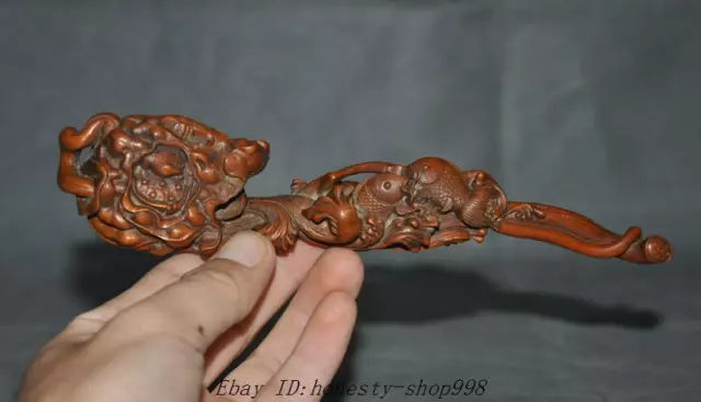 8'' Chinese huanghuali wood carved Feng Shui Lucky fish goldfish statue ruyi