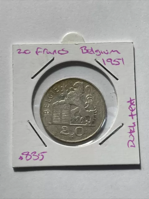 1951 Belgium 20 Francs Coin Dutch Text .835 Silver Content