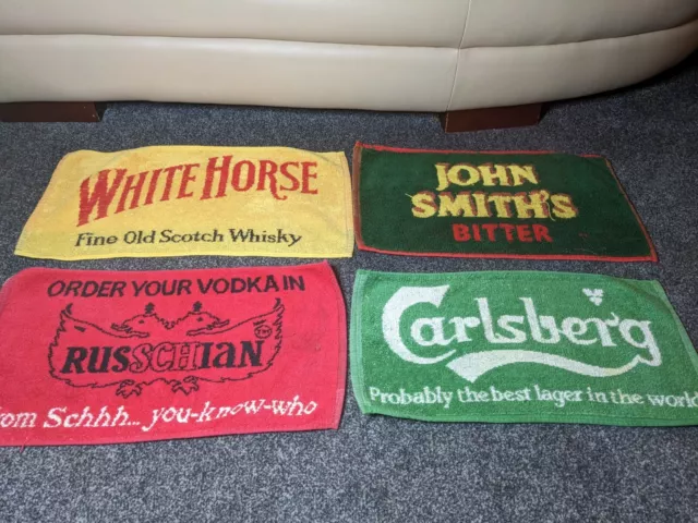 4 Vintage Bar Towels - Russchian -  John Smith's - Carlsberg - White Horse