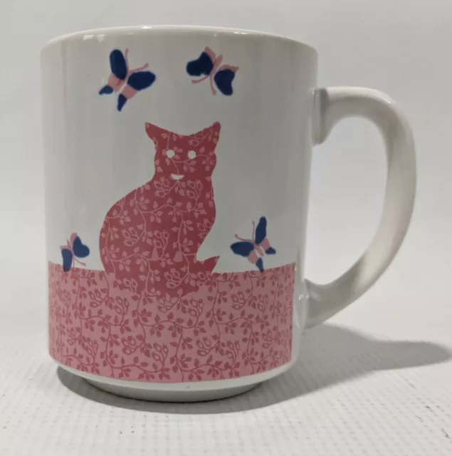 Sunny Craft Stoneware Calico Cat Butterflies Coffee Cup Mug pink blue white