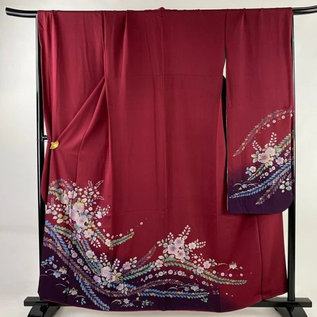 Japanese Kimono Furisode Pure Silk Tsujigahana Pattern Deep Red Color