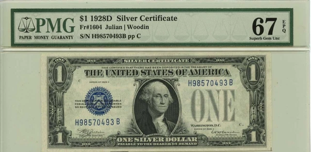 1928D $1 Silver Certificate Blue Seal Fr# 1604 PMG Superb 67 EPQ
